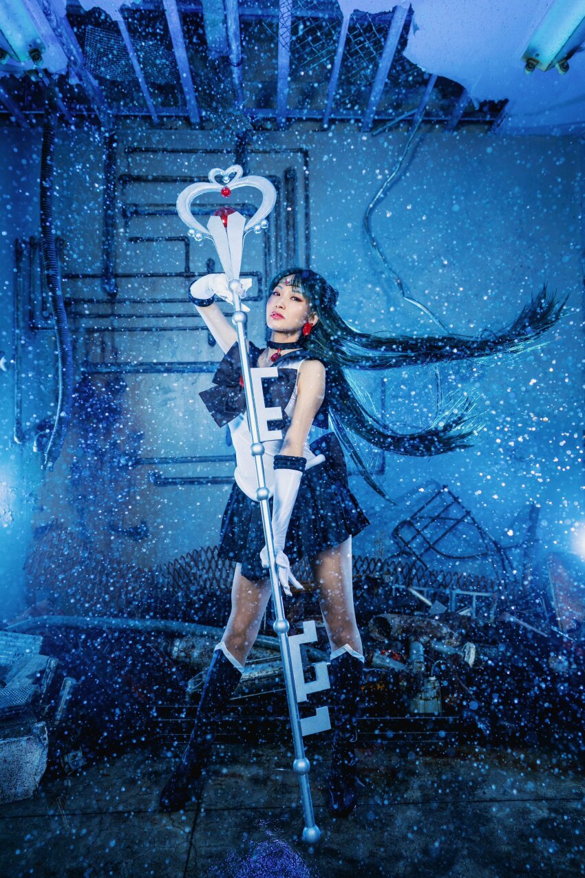 absurdres, bishoujo_senshi_sailor_moon, blue_background, cosplay, highres, kyoko, sailor_pluto, sailor_pluto_(cosplay)