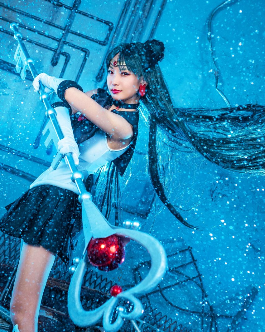 absurdres, bishoujo_senshi_sailor_moon, blue_background, cosplay, highres, kyoko, sailor_pluto, sailor_pluto_(cosplay)