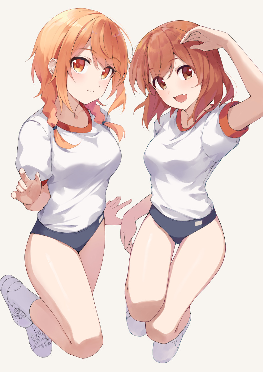 2girls, absurdres, breasts, brown_eyes, brown_hair, buruma, commission, fang