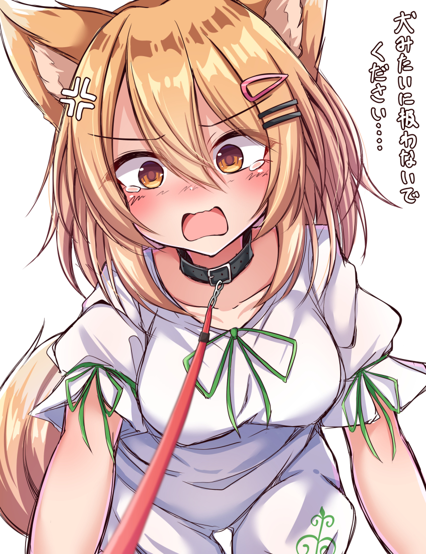 1girl, anger_vein, animal_collar, animal_ears, blonde_hair, breasts, brown_eyes, collar