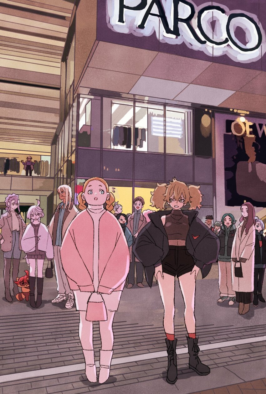 6+girls, ahoge, animalization, bag, black_coat, black_footwear, black_shorts, blonde_hair