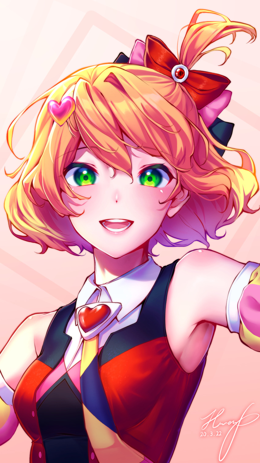 1girl, :d, black_bow, blonde_hair, bow, breasts, brown_hair, dated