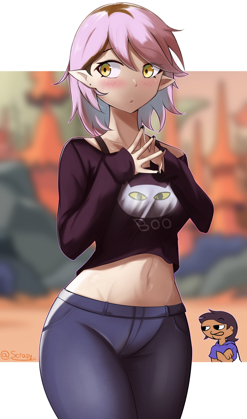 2girls, absurdres, amity_blight, black_nails, blurry, blurry_background, brown_hair, chibi