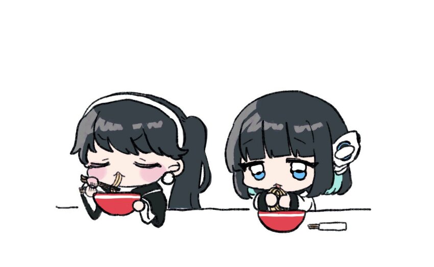 2girls, ai-generated_art_(topic), ai_drawing_anime_characters_eating_ramen_(meme), android, black_hair, black_jacket, blue_eyes, blush