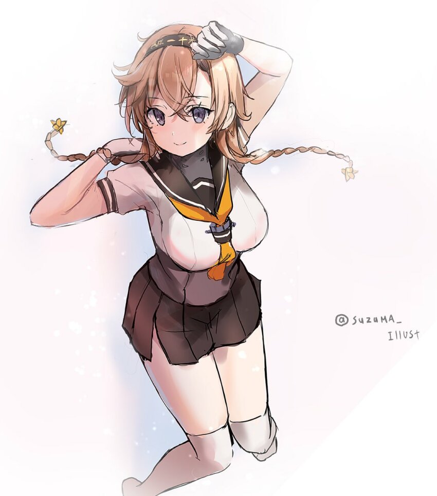 1girl, black_headband, black_skirt, braid, clothes_writing, gloves, grey_eyes, hachimaki, hair_ornament, hairband, headband, highres, kantai_collection, light_brown_hair, long_hair, multicolored_gloves, neckerchief, propeller_hair_ornament, school_uniform, serafuku, skirt, solo, suzuma_(suzuma_illust), teruzuki_(kancolle), thighhighs, thighs, twin_braids, white_thighhighs, yellow_neckerchief