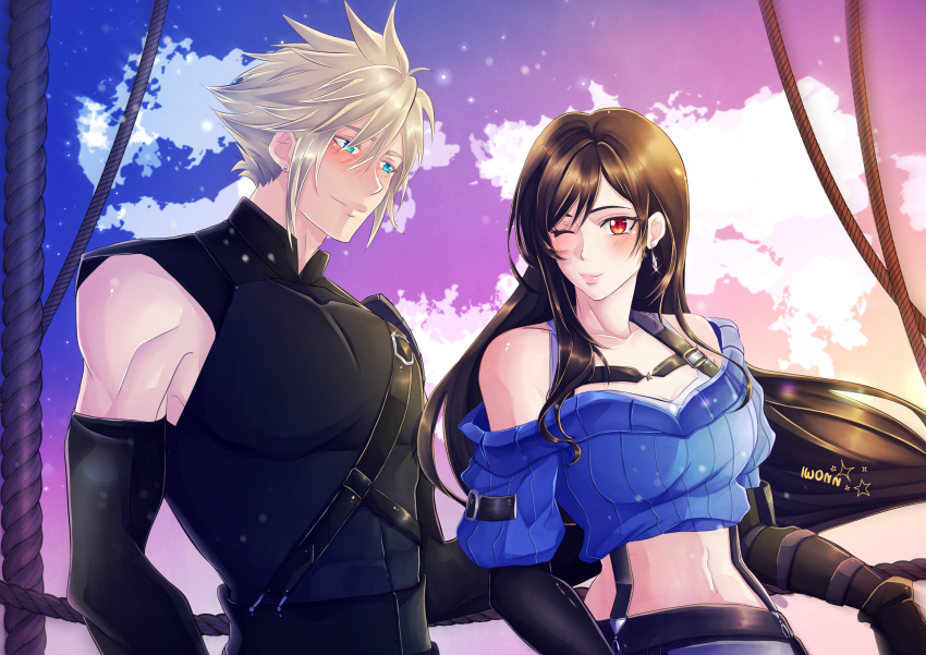 1boy, 1girl, bare_shoulders, belt, black_hair, blonde_hair, blue_eyes, blue_sweater, blush, closed_mouth, cloud, cloud_strife, cloudy_sky, cropped_sweater, detached_sleeves, earrings, final_fantasy, final_fantasy_vii, final_fantasy_vii:_ever_crisis, final_fantasy_vii_remake, highres, iwonn_(pixiv943160), jewelry, long_hair, midriff, navel, off-shoulder_sweater, off_shoulder, official_alternate_costume, one_eye_closed, outdoors, red_eyes, sky, sleeveless, smile, square_enix, sweater, tifa_lockhart