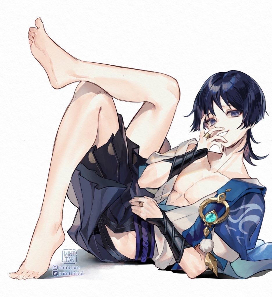 1boy, artist_name, black_hair, black_shorts, blue_eyes, collarbone, commentary, english_commentary, feet, genshin_impact, leg_up, looking_at_viewer, male_focus, mint-tan, scaramouche_(genshin_impact), shorts, simple_background, spread_legs, toenails, toes, vision_(genshin_impact), wanderer_(genshin_impact), white_background