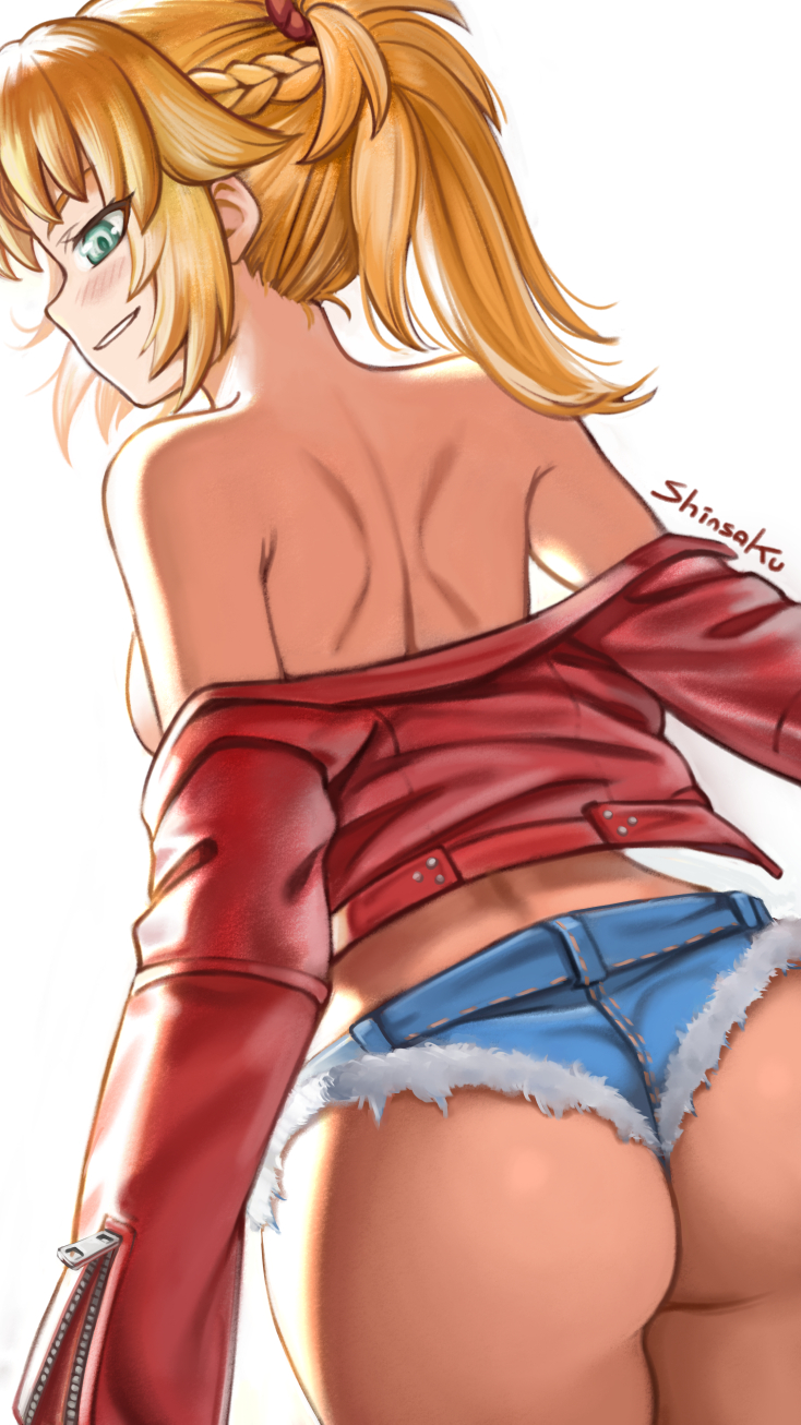 1girl, ass, blonde_hair, braid, denim, denim_shorts, fate/grand_order, fate_(series)