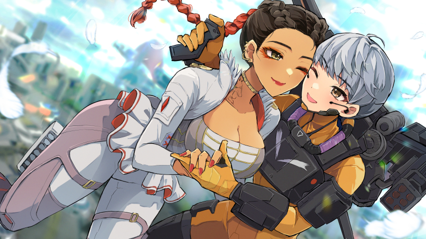 2girls, absurdres, animification, apex_legends, armor, blurry, blurry_background, braid