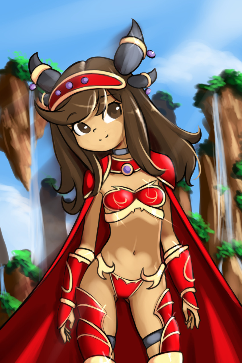 1girl, alexstrasza, alexstrasza_(cosplay), armor, bikini, bikini_armor, boots, breasts, brown_eyes, brown_hair, cape, choker, cloud, cosplay, drantyno, female_focus, headgear, highres, horns, loli, long_hair, looking_at_viewer, navel, original, outdoors, red_armor, red_bikini, red_boots, red_cape, rq_(ryuhi), shoulder_pads, sky, small_breasts, smile, solo, sparkle, standing, swimsuit, thigh_boots, warcraft, water, waterfall, world_of_warcraft
