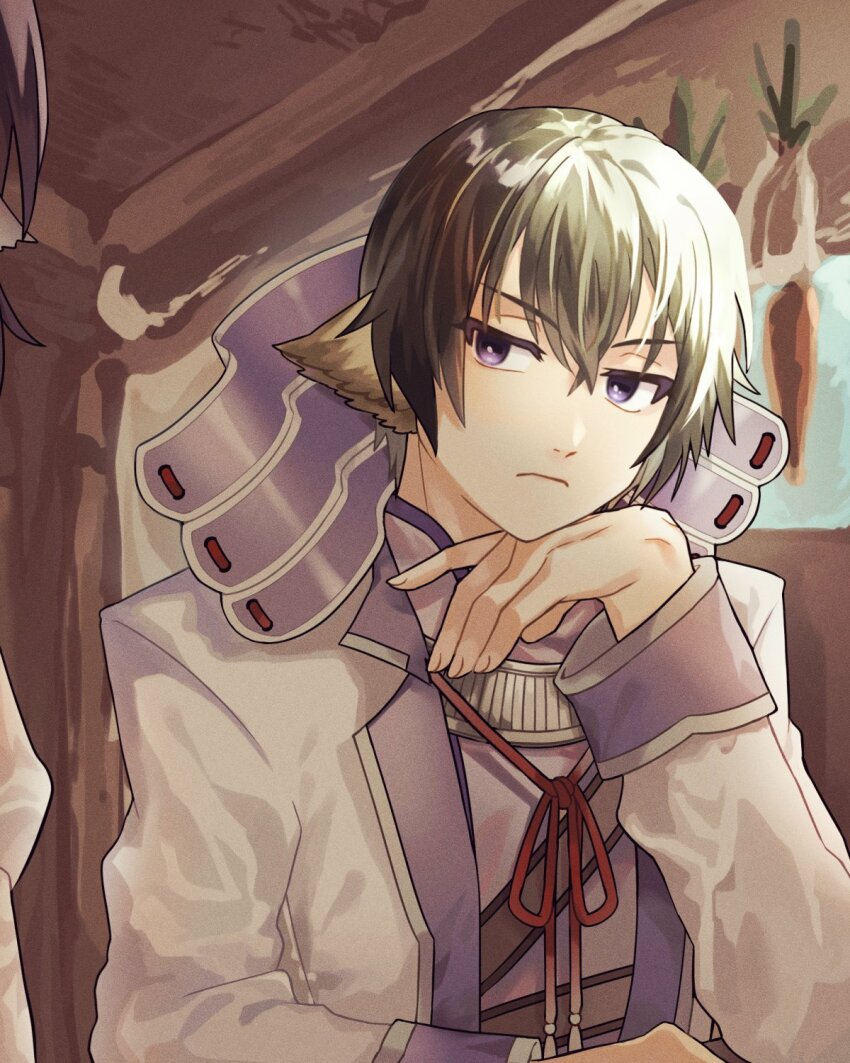 2boys, ainu_clothes, animal_ears, aquaplus, arm_up, black_hair, bright_pupils, brown_hair