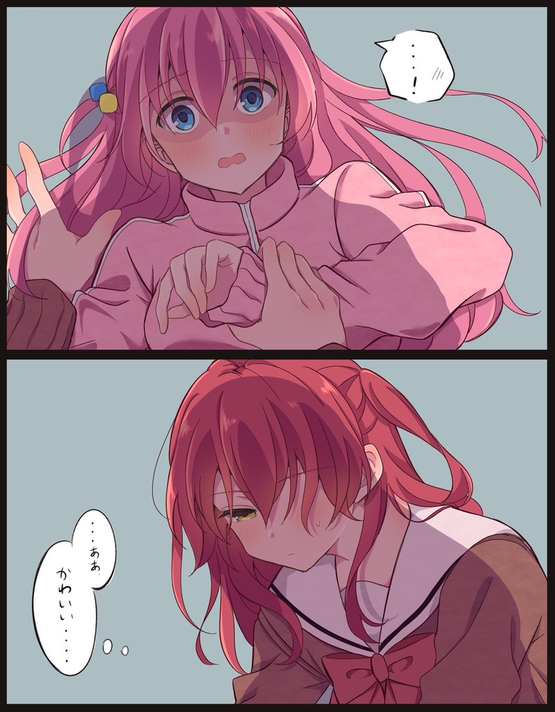 ...!, 2girls, assertive_female, asymmetrical_bangs, blue_eyes, blush, bocchi_the_rock!, bow, breasts, comic, commentary_request, cube, cube_hair_ornament, girl_on_top, gloom_(expression), gotoh_hitori, hair_between_eyes, hair_ornament, holding_another's_wrist, jacket, kita_ikuyo, long_hair, long_sleeves, looking_at_another, looking_at_viewer, medium_breasts, medium_hair, multiple_girls, neckerchief, nukazuke_(kzhto), open_mouth, pink_hair, ponytail, red_hair, restrained, shadow, side_ponytail, simple_background, speech_bubble, surprised, sweat, sweatdrop, thought_bubble, track_jacket, translation_request, wavy_mouth, yellow_eyes, you_gonna_get_raped, yuri