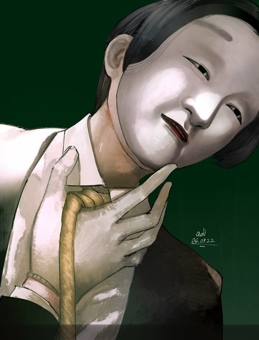 1boy, adisunata13, black_hair, black_jacket, choujin_x, collared_shirt, formal_clothes, gloves, green_background, highres, jacket, looking_to_the_side, mask, noh_mask, noh_mask_(choujin_x), noose, shirt, short_hair, simple_background, solo, suit, suit_jacket, white_gloves, white_shirt