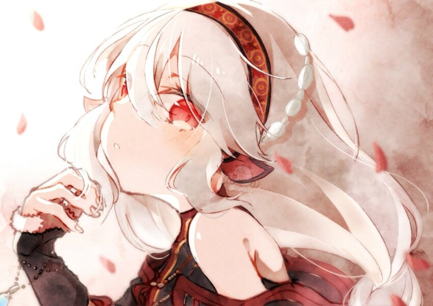 1girl, aquaplus, arm_up, bare_shoulders, braid, eyes_visible_through_hair, fingernails, hair_between_eyes