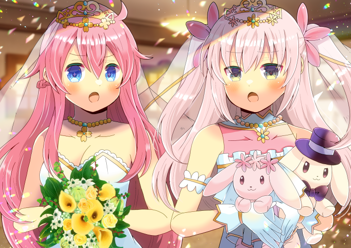 2girls, :o, bare_shoulders, black_headwear, blurry, blurry_background, bouquet, braid, breasts, bridal_veil, bride, cleavage, collarbone, commentary_request, covered_collarbone, cyrtanthus_(flower_knight_girl), depth_of_field, dress, fang, flower, flower_knight_girl, gloves, hair_between_eyes, hanamizuki_(flower_knight_girl), hat, heart, heart_hands, holding, holding_bouquet, indoors, kou_hiyoyo, long_hair, medium_breasts, multiple_girls, hugging_object, pink_hair, sleeveless, sleeveless_dress, strapless, strapless_dress, stuffed_animal, stuffed_rabbit, stuffed_toy, tiara, top_hat, two_side_up, veil, very_long_hair, wedding_dress, white_dress, white_flower, white_gloves, yellow_flower
