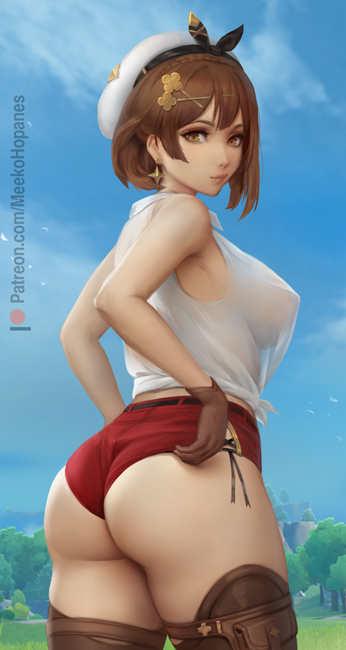 1girl, adjusting_clothes, adjusting_shorts, ass, atelier_(series), atelier_ryza, beret, black_hairband