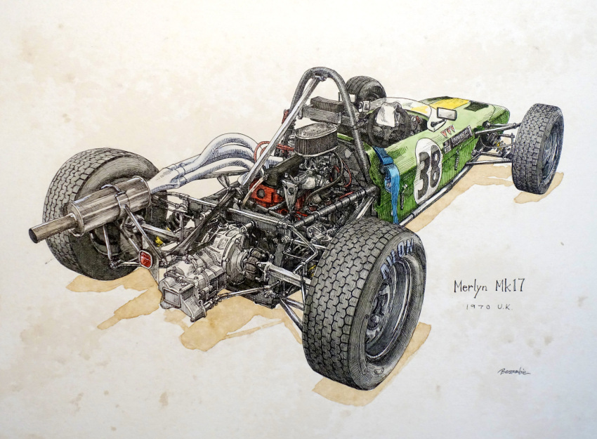 1970, artist_name, cable, car, engine, exhaust_pipe, formula_racer, from_behind, highres, ink_(medium), ishimoto_takumi, merlyn_mk17, motor_vehicle, no_humans, original, race_vehicle, racecar, roundel, shadow, side-view_mirror, simple_background, solo, steering_wheel, traditional_media, vehicle_focus, watercolor_pencil_(medium), white_background, windshield