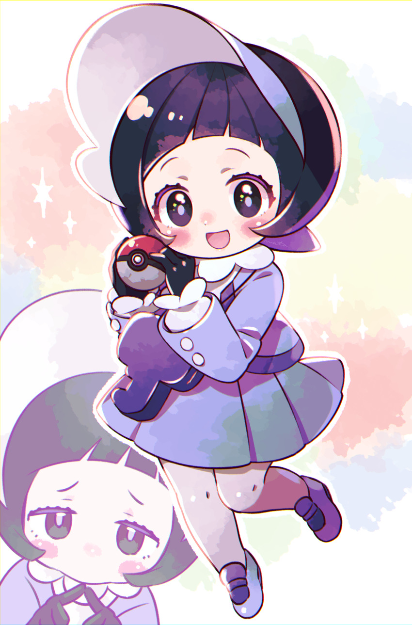 1girl, :d, absurdres, black_eyes, black_gloves, black_hair, blush, bright_pupils, cardigan, commentary_request, dress, eyelashes, gloves, grey_cardigan, grey_dress, grey_footwear, hands_up, highres, holding, holding_poke_ball, long_sleeves, mata, nintendo, open_mouth, pantyhose, pleated_dress, poke_ball, poke_ball_(basic), pokemon, pokemon_scarlet_and_violet, poppy_(pokemon), shoes, short_hair, smile, sparkle, tongue