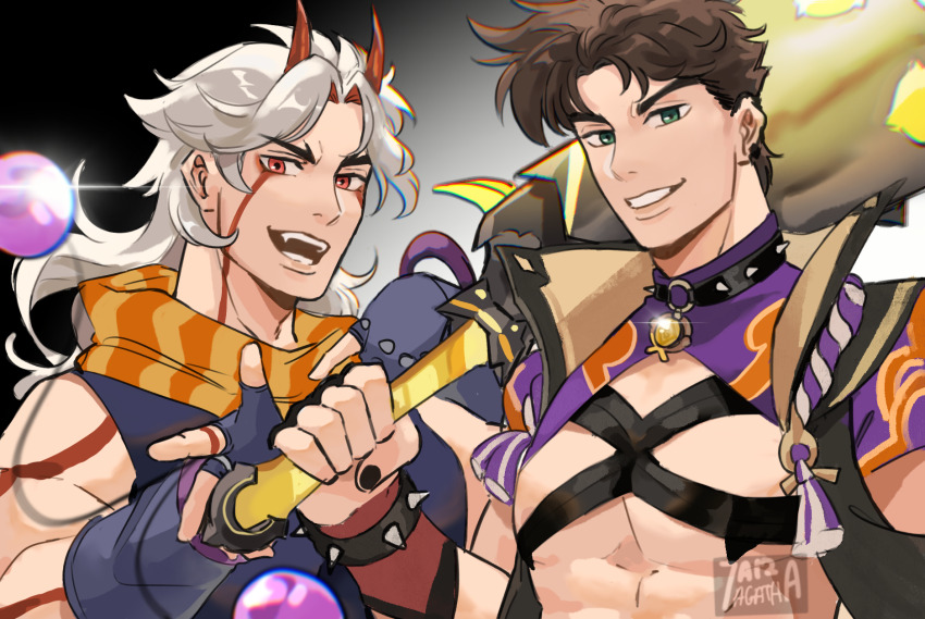 2boys, 7aizagatha, :d, arataki_itto, arataki_itto_(cosplay), battle_tendency, black_choker, black_coat