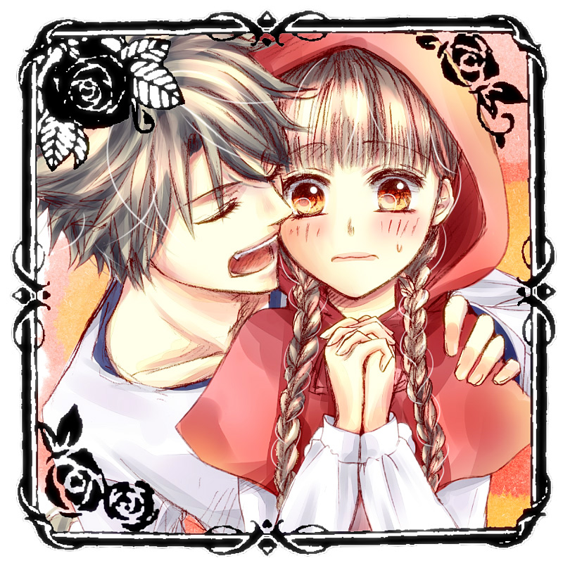 1boy, 1girl, aozorakanon, black_border, black_flower, black_hair, black_rose, blush, border, braid, brown_eyes, brown_hair, closed_eyes, closed_mouth, collarbone, dress, flower, hand_on_another's_shoulder, hetero, incoming_kiss, interlocked_fingers, leaf, little_red_riding_hood_(fairy_tale), long_hair, long_sleeves, looking_at_another, nervous, open_mouth, own_hands_together, rdg_red_data_girl, red_hood, red_veil, rose, sagara_miyuki, shirt, short_hair, shy, suzuhara_izumiko, t-shirt, teeth, twin_braids, veil, wavy_mouth, white_border, white_dress, white_shirt, yellow_eyes