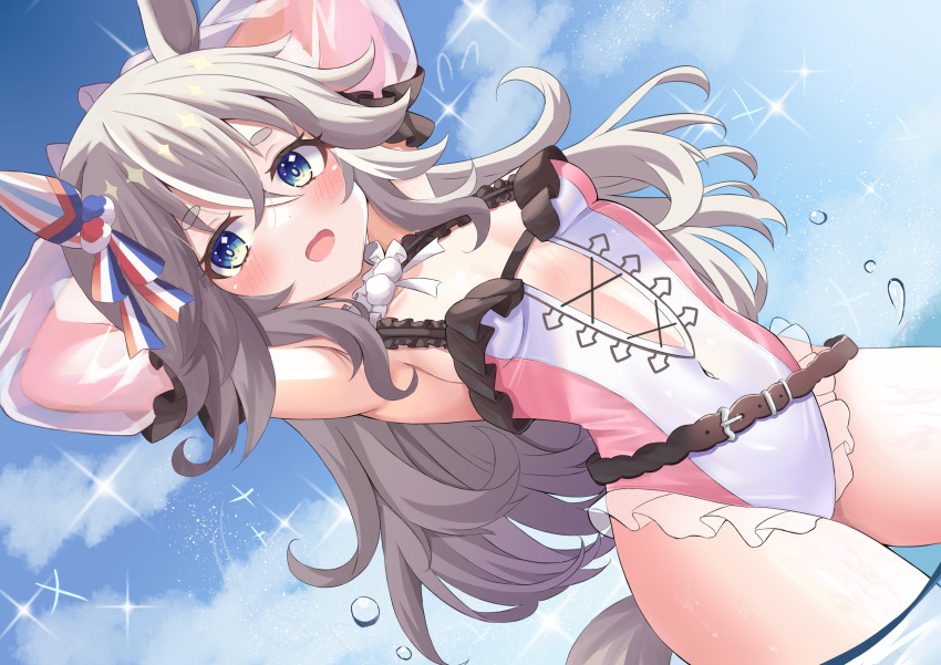 1girl, absurdres, adapted_costume, alternate_costume, animal_ears, armpits, arms_behind_head, arms_up, arrow_(symbol), blue_eyes, blue_sky, blush, breasts, bright_pupils, casual_one-piece_swimsuit, center_opening, choker, cloud, collarbone, commentary_request, covered_navel, cowboy_shot, cross-laced_clothes, crossed_bangs, day, detached_sleeves, ear_covers, embarrassed, flying_sweatdrops, frilled_choker, frilled_one-piece_swimsuit, frilled_sleeves, frills, grey_hair, hair_between_eyes, hair_ornament, highres, horse_ears, horse_girl, horse_tail, kurashina_yuzuki, linea_alba, long_sleeves, looking_at_viewer, multicolored_hair, navel, ocean, one-piece_swimsuit, open_mouth, outdoors, pink_one-piece_swimsuit, pom_pom_(clothes), ribbon, see-through_clothes, see-through_sleeves, short_eyebrows, sideboob, sidelocks, single_ear_cover, sky, small_breasts, solo, sparkle, standing, streaked_hair, striped_ribbon, swimsuit, tail, thick_eyebrows, thighs, two-tone_swimsuit, umamusume, water, water_drop, wavy_hair, white_choker, white_hair, white_one-piece_swimsuit, wonder_acute_(butterfly_sting)_(umamusume), wonder_acute_(umamusume)