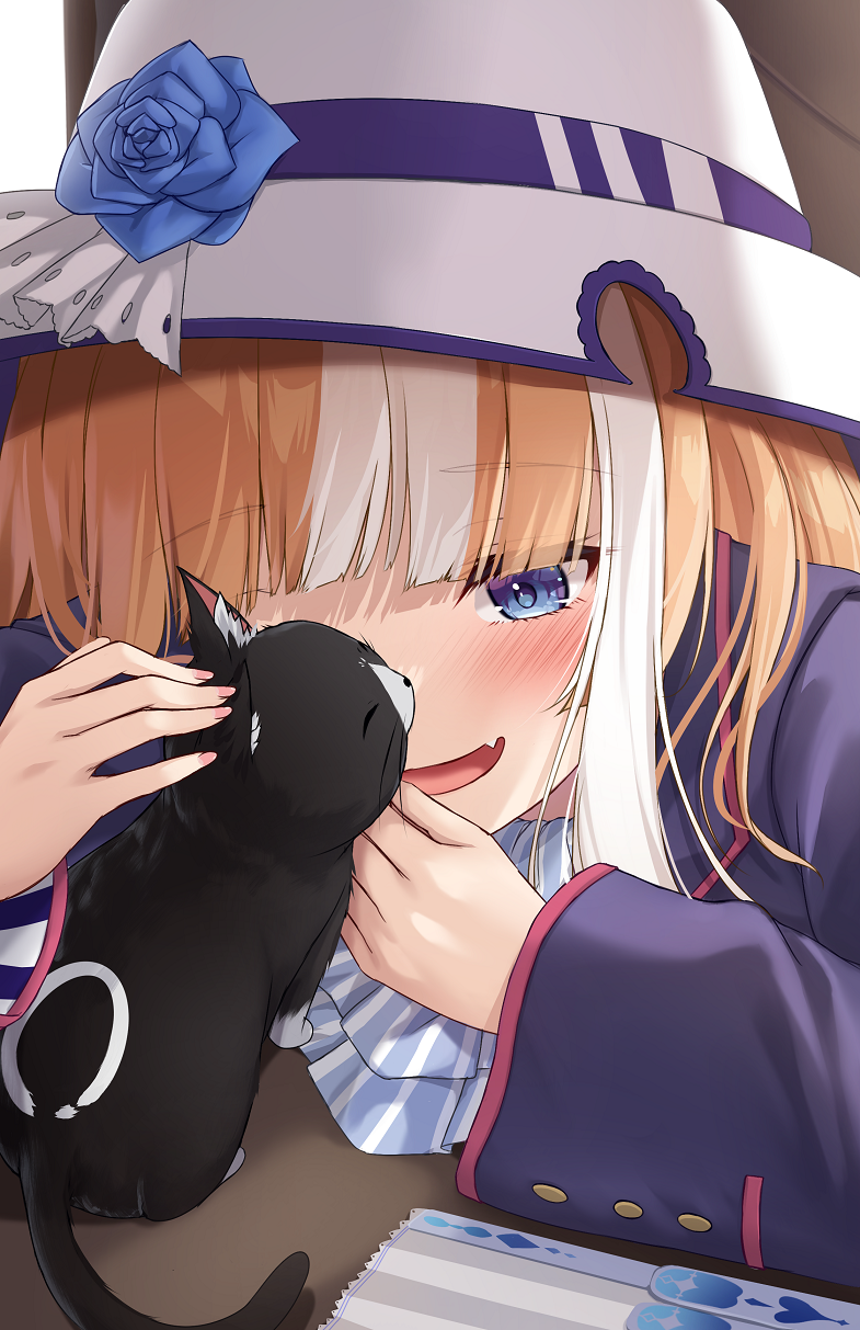 1girl, akikawa_yayoi_(umamusume), animal, blue_eyes, blush, brown_hair, cat, folding_fan