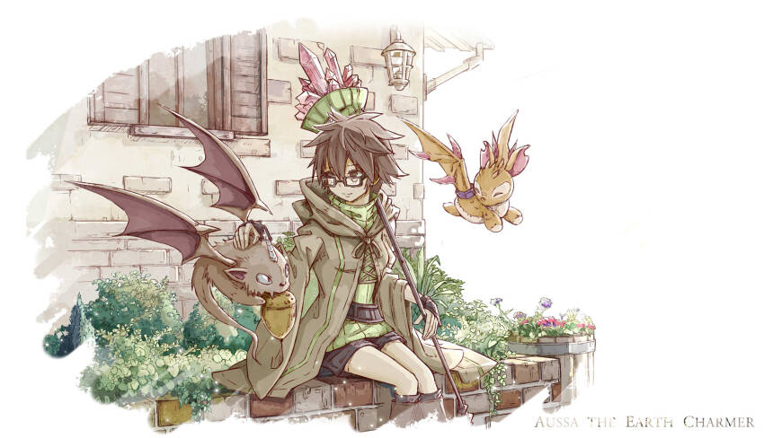 1girl, acorn, archfiend_marmot_of_nefariousness, aussa_(yu-gi-oh!), aussa_the_earth_charmer_immovable, breasts, brown_hair, character_name