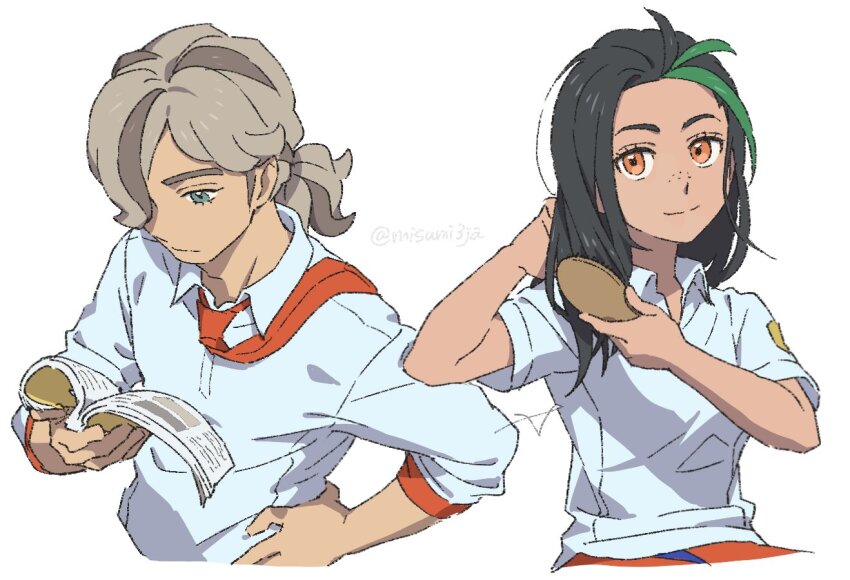 1boy, 1girl, arven_(pokemon), book, brown_hair, brushing_hair, closed_mouth, collared_shirt, dark-skinned_female, dark_skin, eyelashes, freckles, green_eyes, hair_down, hand_on_own_hip, hand_up, holding, holding_book, long_hair, necktie, nemona_(pokemon), nintendo, orange_eyes, orange_necktie, pokemon, pokemon_scarlet_and_violet, ponytail, reading, sankaku, shirt, smile, split_mouth, twitter_username, white_background