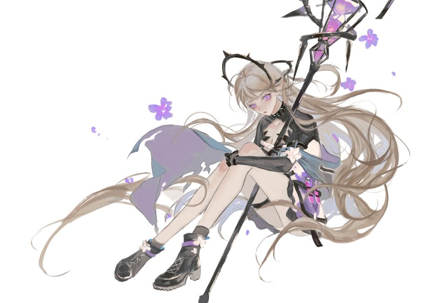 1girl, absurdres, ankle_boots, arknights, black_boots, boots, chinese_commentary, commentary, floating_hair, flower, full_body, high_heel_boots, high_heels, highres, holding, holding_weapon, hugging_own_legs, indigo_(arknights), knees_up, light_brown_hair, long_hair, looking_at_viewer, parted_lips, purple_eyes, red_lips, shrug_(clothing), simple_background, sitting, solo, thigh_strap, very_long_hair, weapon, white_background, white_flower, xu_liang