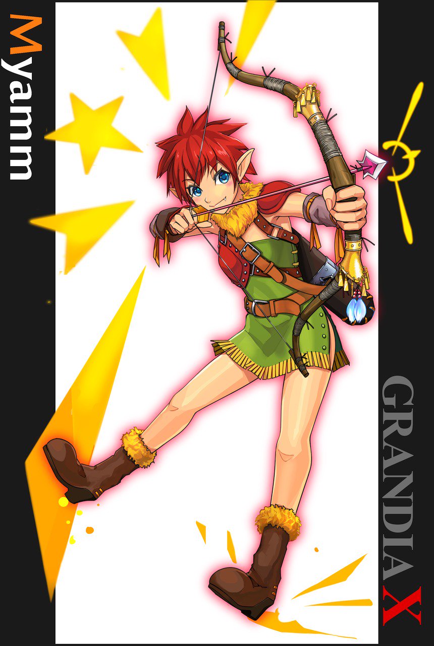 1girl, aeo_(aeo1174), arrow_(projectile), blue_eyes, boots, bow_(weapon), breasts, closed_mouth, full_body, grandia, grandia_xtreme, highres, looking_at_viewer, myam_(grandia), pointy_ears, red_hair, short_hair, side_slit, skirt, small_breasts, smile, solo, weapon