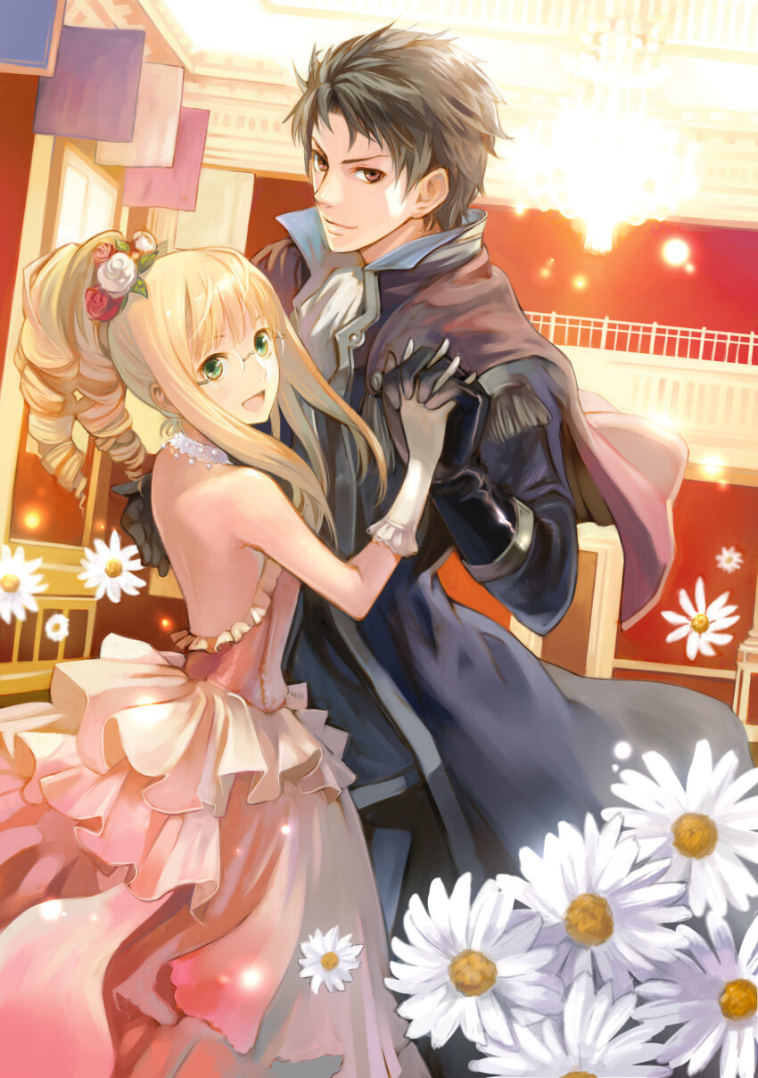 1boy, 1girl, alicia_licen, alternate_hair_color, bad_id, ballroom, banner, bare_arms, bare_shoulders, black_coat, black_gloves, black_hair, blonde_hair, brown_cape, brown_eyes, cape, chandelier, choker, coat, daisy_(flower), dancing, dress, drill_hair, epaulettes, flower, glasses, gloves, green_eyes, hair_flower, hair_ornament, height_difference, highres, holding_hands, indoors, interlocked_fingers, kashburn_licen, kishida_mel, lamp, leaf, looking_at_viewer, open_mouth, pink_dress, ponytail, railing, red_flower, red_rose, rimless_eyewear, rose, shinigamihime_no_saikon, sleeveless, sleeveless_dress, smile, third-party_source, white_choker, white_flower, white_gloves, white_rose, yellow_flower