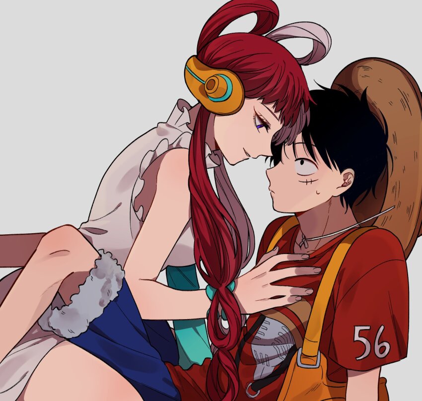 1boy, 1girl, alternate_costume, bag, black_eyes, black_hair, commentary_request, hat, headphones, highres, long_hair, looking_at_another, monkey_d._luffy, multicolored_hair, nai0524, on_ground, one_piece, purple_eyes, red_hair, scar, scar_on_face, short_hair, sweatdrop, uta_(one_piece), white_hair