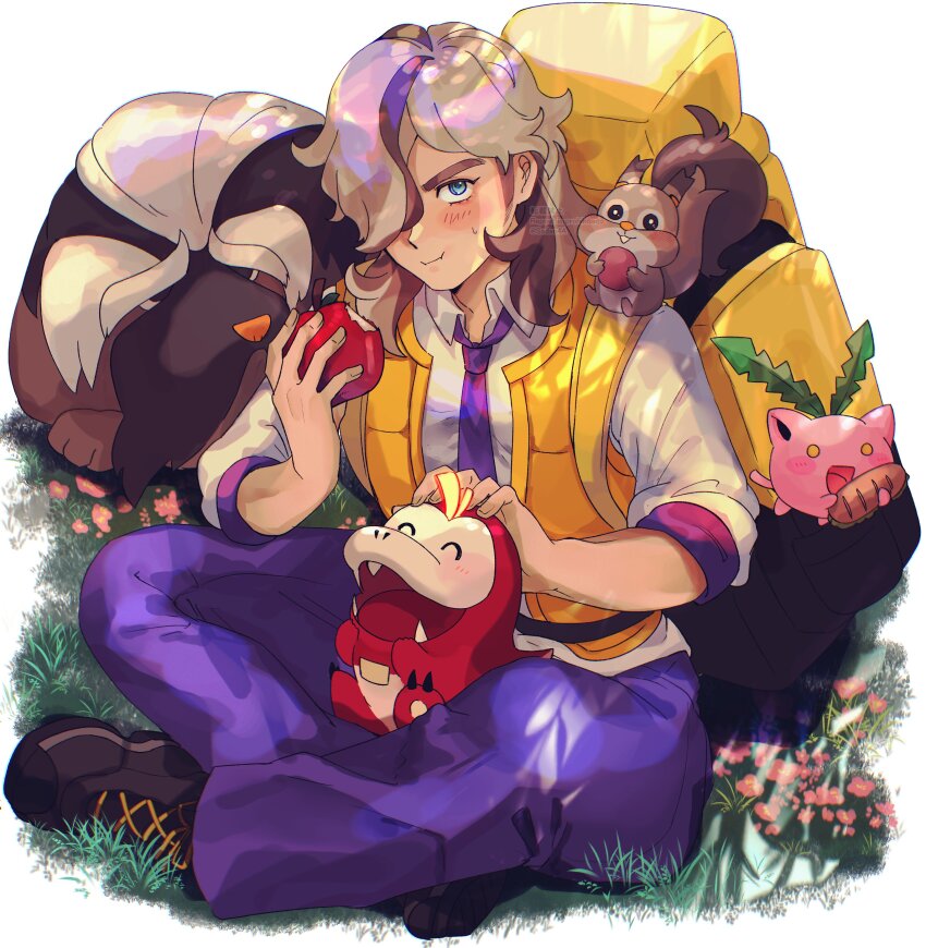 1boy, absurdres, apple, aqua_eyes, arven_(pokemon), asada_sadao, belt, blush