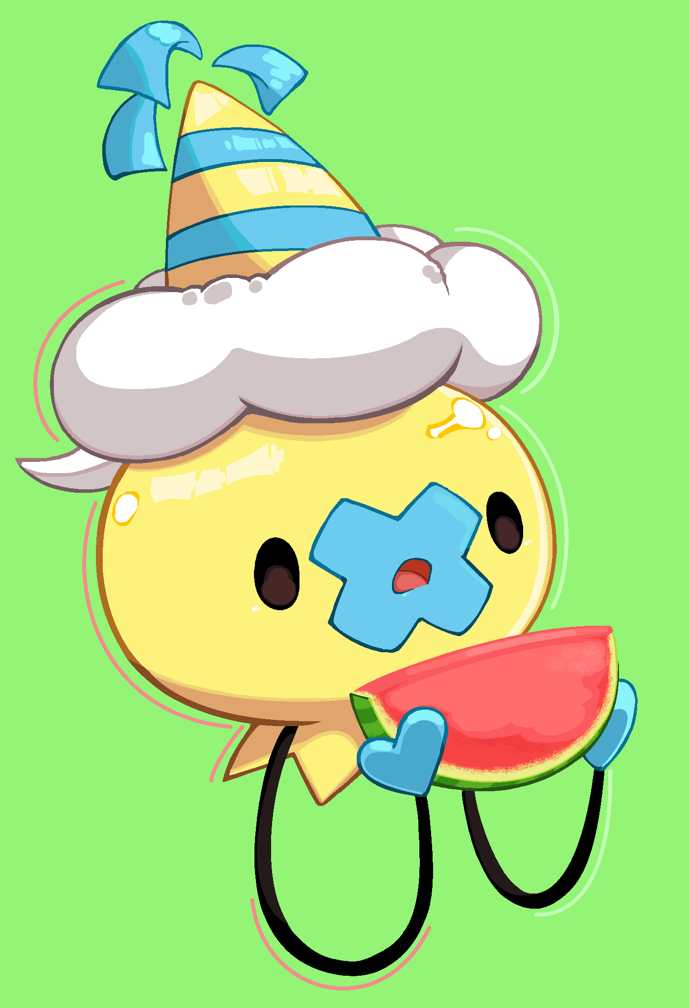 alternate_color, clothed_pokemon, commentary_request, deleca7755, drifloon, food, frown, fruit