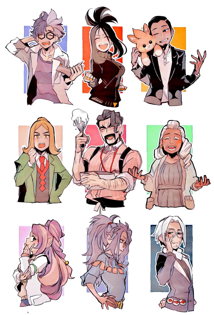 4girls, 5boys, absurdres, black-framed_eyewear, black_hair, black_jacket, bowl, clavell_(pokemon), closed_eyes, coat, collared_shirt, commentary_request, dark-skinned_female, dark_skin, dendra_(pokemon), facial_hair, fingerless_gloves, glasses, gloves, green_jacket, half_updo, hassel_(pokemon), highres, holding, holding_bowl, holding_whisk, jacket, jacq_(pokemon), long_hair, miriam_(pokemon), multiple_boys, multiple_girls, necktie, nintendo, open_clothes, open_coat, open_jacket, open_mouth, pawmi, poke_ball, pokemon, pokemon_(creature), pokemon_scarlet_and_violet, ponytail, premier_ball, purple_hair, raifort_(pokemon), round_eyewear, saguaro_(pokemon), salvatore_(pokemon), shirt, striped_clothes, striped_shirt, suspenders, suzrai63, tyme_(pokemon), vest, whisk, white_hair