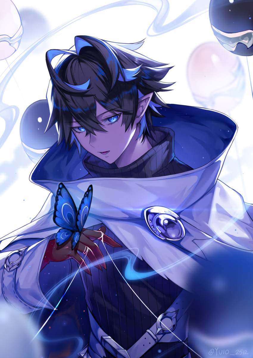 1boy, 2r-_(pixiv8168114), alchemy_stars, antenna_hair, black_hair, black_shirt, blue_butterfly, blue_eyes