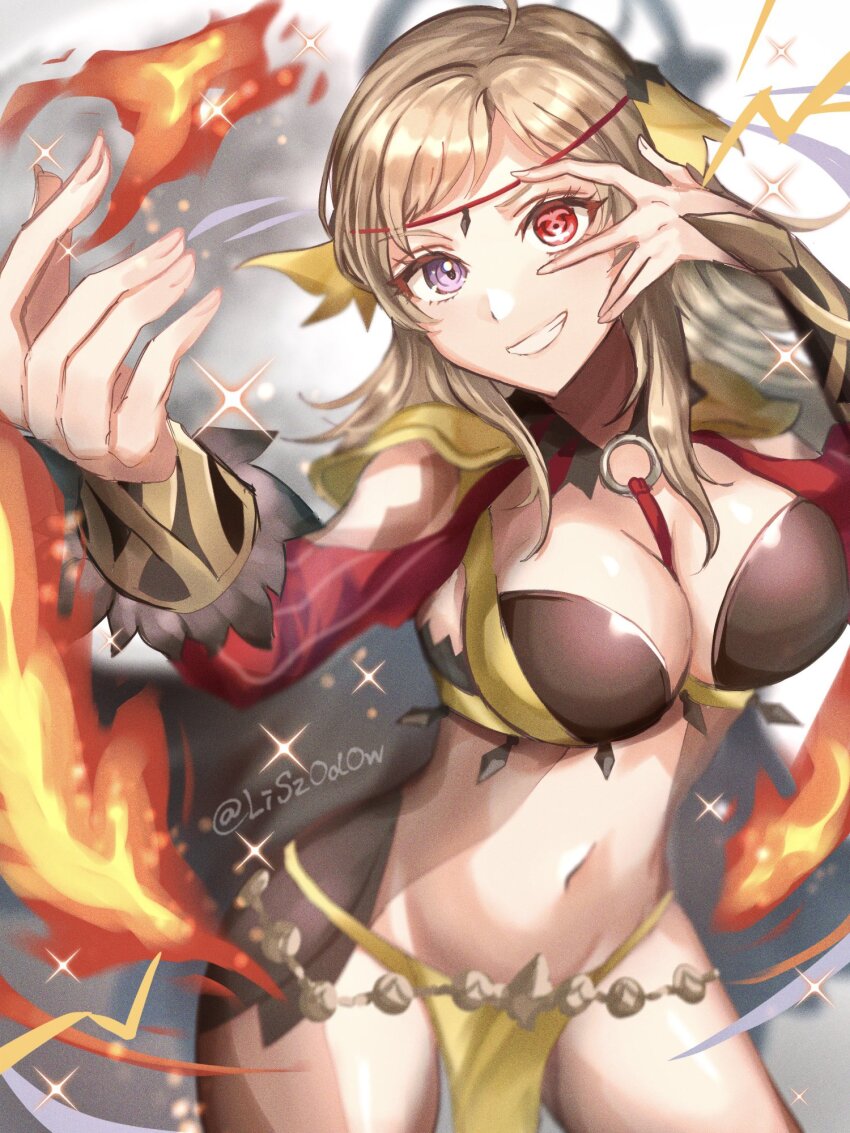 1girl, blonde_hair, blue_eyes, breasts, cleavage, fire, fire_emblem, fire_emblem_fates