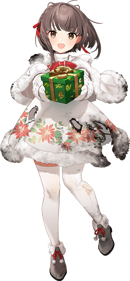 1girl, box, brown_eyes, brown_hair, burnt_clothes, christmas, coat, full_body