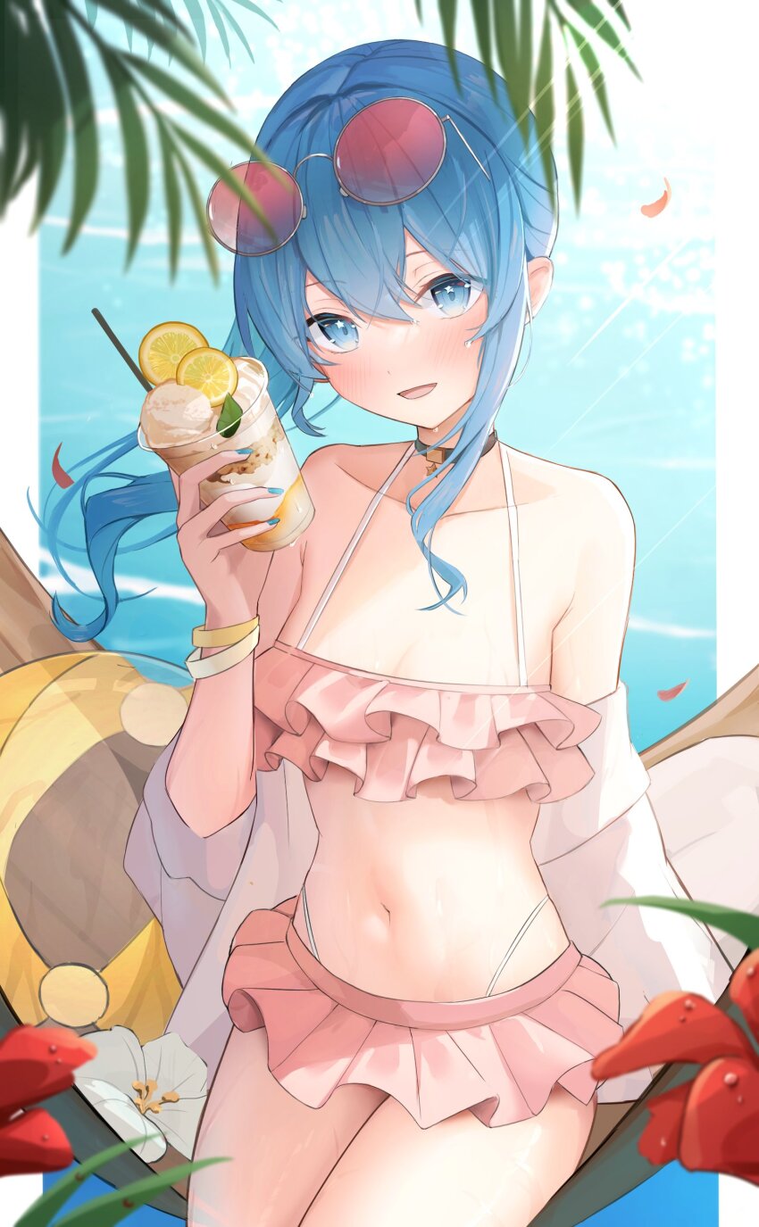 1girl, absurdres, bikini, blue_eyes, blue_hair, choker, eyewear_on_head, food