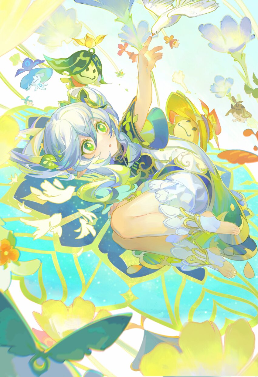 1girl, absurdres, animal, aramuhukunda_(genshin_impact), aranakin_(genshin_impact), aranara_(genshin_impact), arapandu_(genshin_impact), ararycan_(genshin_impact), bird, chinese_commentary, colored_eyelashes, cross-shaped_pupils, dress, flower, full_body, genshin_impact, gradient_background, gradient_hair, green_eyes, green_hair, green_theme, hair_ornament, highres, long_hair, looking_at_animal, lying, multicolored_hair, nahida_(genshin_impact), nnikko, on_side, outstretched_arm, pointy_ears, reaching, simple_background, solo_focus, stirrup_legwear, symbol-shaped_pupils, toeless_legwear, white_dress, white_hair