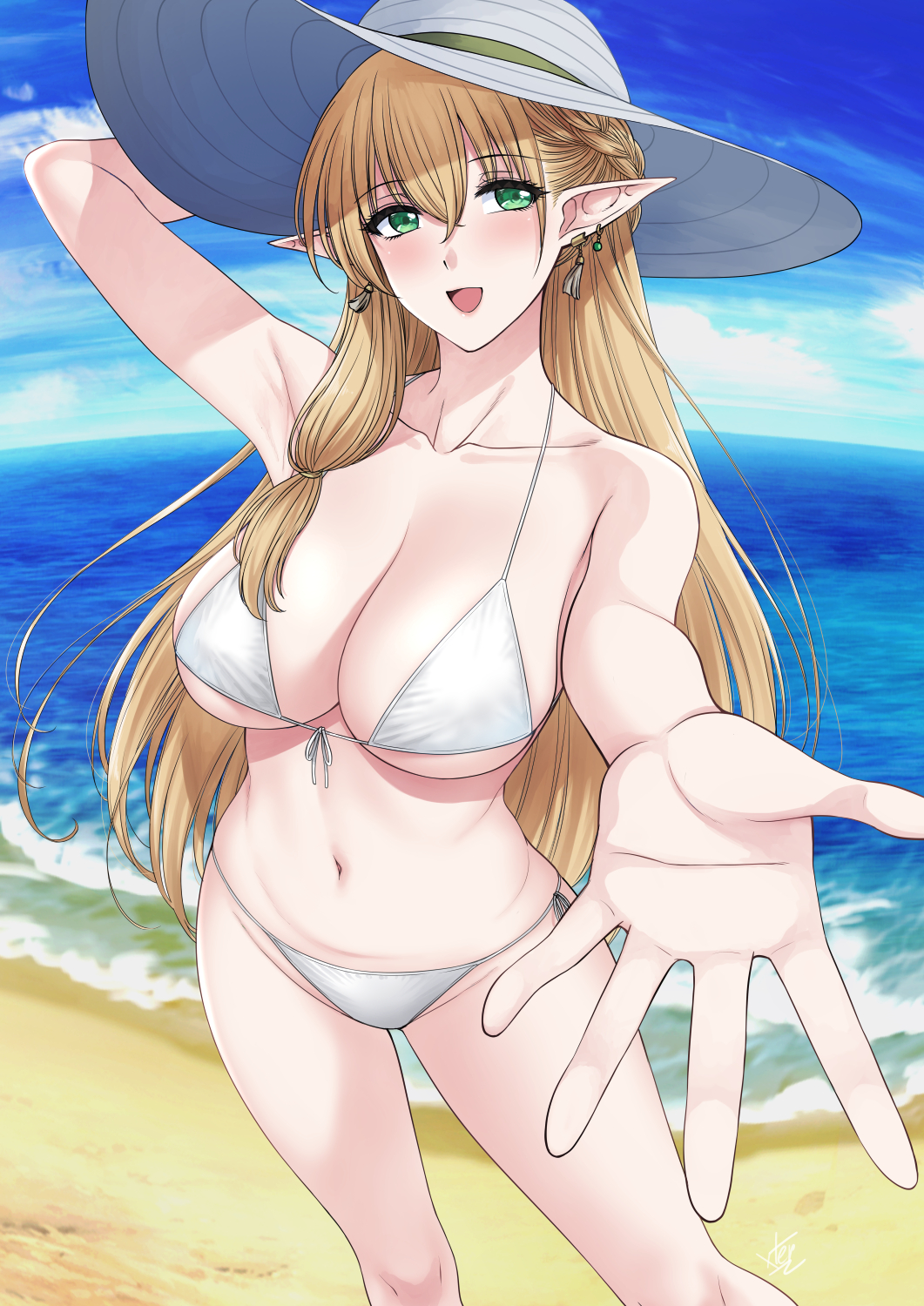 1girl, aranis_elvene, arm_up, beach, bikini, blonde_hair, breasts, cleavage, collarbone, earrings, elf, green_eyes, hat, highres, jewelry, large_breasts, looking_at_viewer, navel, ocean, open_mouth, outstretched_hand, pixela_project, pointy_ears, sand, smile, solo, sun_hat, swimsuit, virtual_youtuber, white_bikini, xter