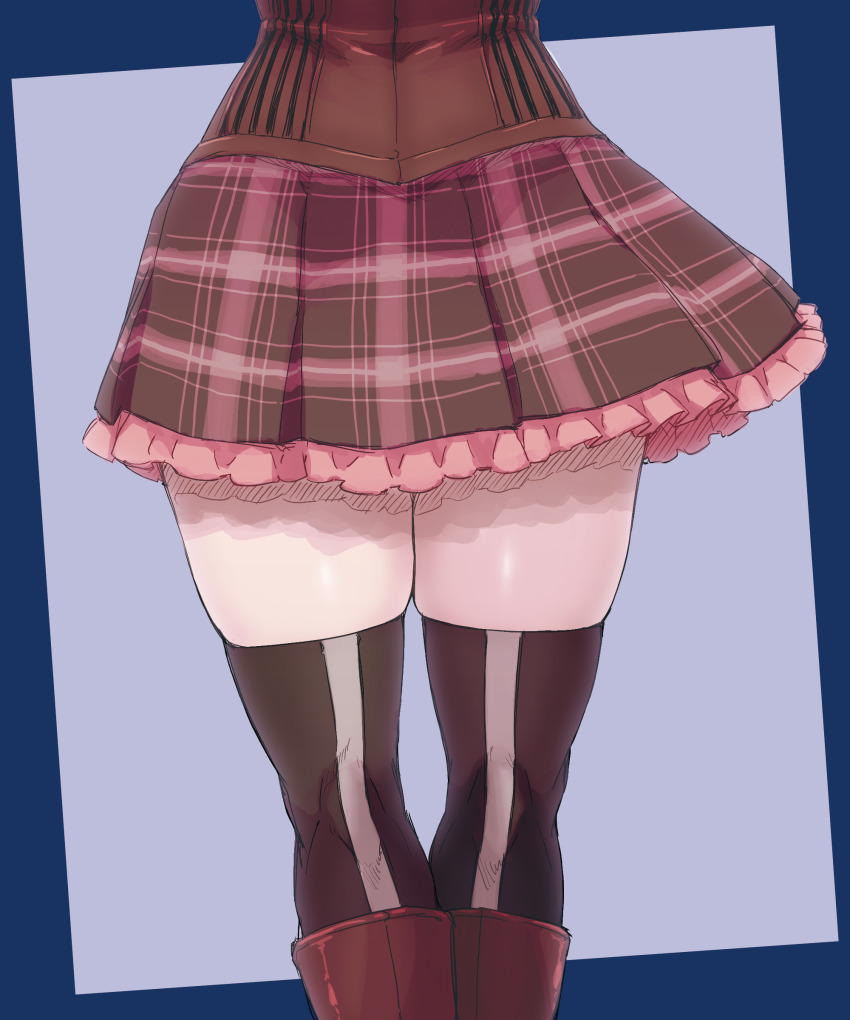 1girl, absurdres, assault_lily, black_thighhighs, blue_border, boots, border, brown_boots