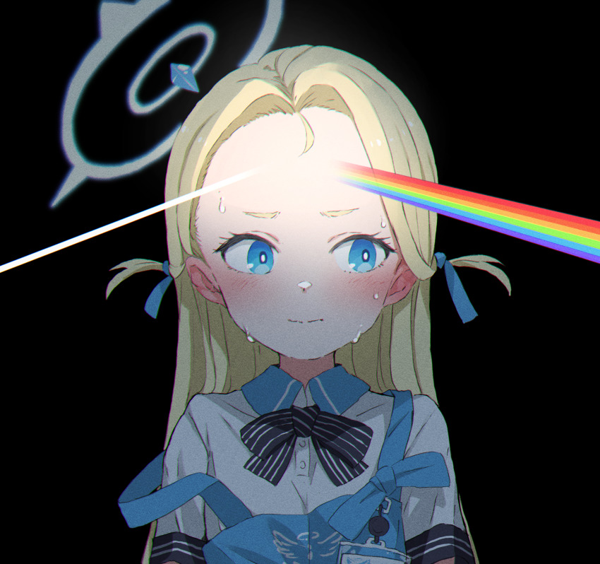 1girl, apron, big_forehead, black_background, blonde_hair, blue_apron, blue_archive, blue_eyes