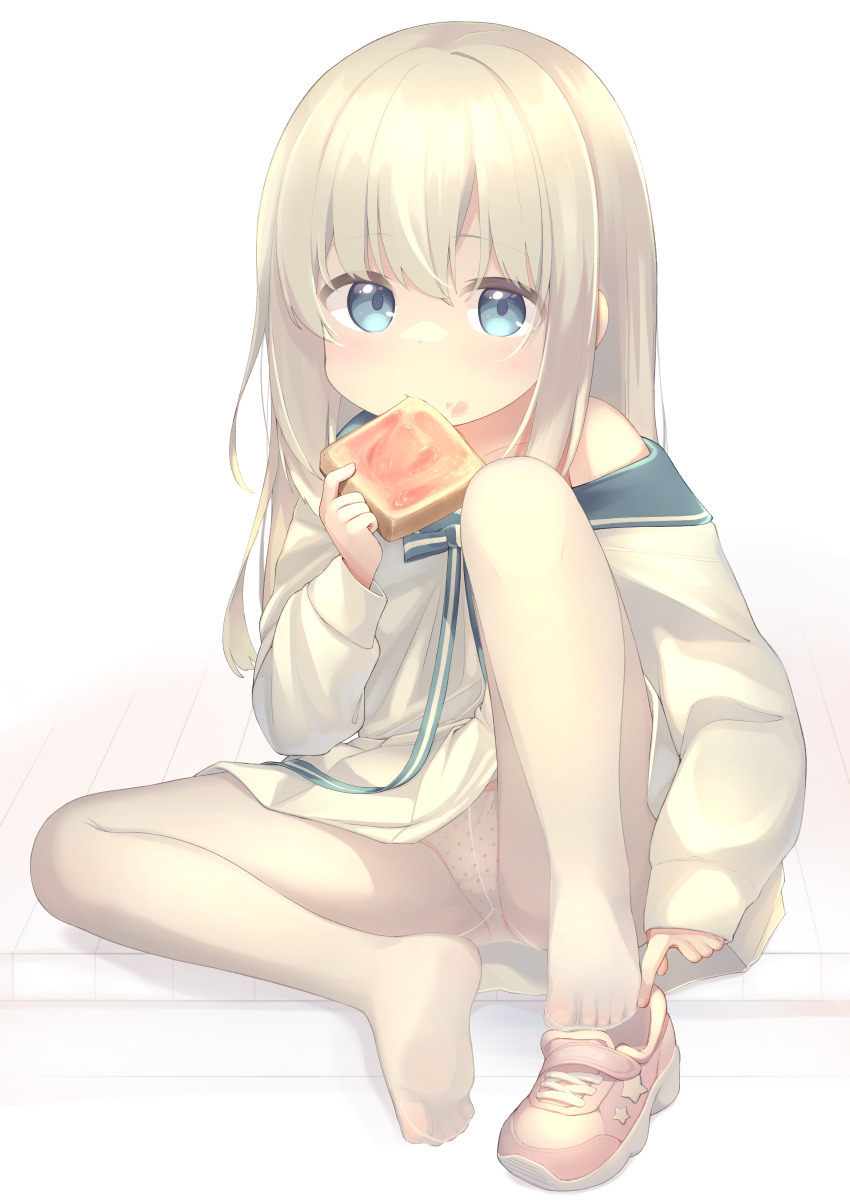 1girl, absurdres, blonde_hair, blue_eyes, bread, bread_slice, dress, eating, feet, female_focus, food, food_on_face, food_print, fruit_print, full_body, highres, knee_up, loli, long_hair, long_sleeves, looking_at_viewer, off_shoulder, original, panties, panties_under_pantyhose, pantyhose, pantyshot, pink_shoes, print_panties, see-through_clothes, senifu, shoes, simple_background, single_shoe, sitting, soles, solo, spread_legs, strawberry_jam, strawberry_print, toast, toes, underwear, upskirt, white_background, white_dress, white_panties, white_pantyhose, white_sleeves