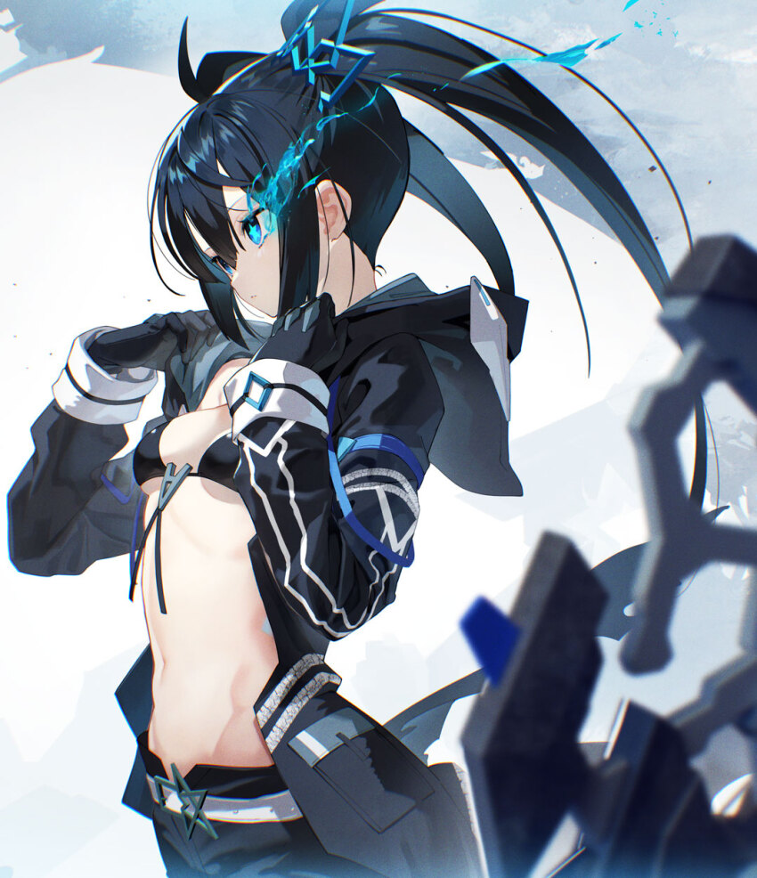 1girl, bikini, bikini_top_only, black_gloves, black_hair, black_jacket, black_rock_shooter, black_rock_shooter_(character), black_rock_shooter_fragment, black_shorts, blue_eyes, breasts, chromatic_aberration, commentary, cowboy_shot, elishka_(black_rock_shooter), expressionless, flaming_eye, gloves, glowing, glowing_eye, highres, jacket, long_hair, midriff, navel, open_clothes, open_jacket, pale_skin, scottie_(phantom2), shorts, small_breasts, solo, star-shaped_pupils, star_(symbol), stomach, swimsuit, symbol-shaped_pupils, twintails, uneven_twintails, weapon