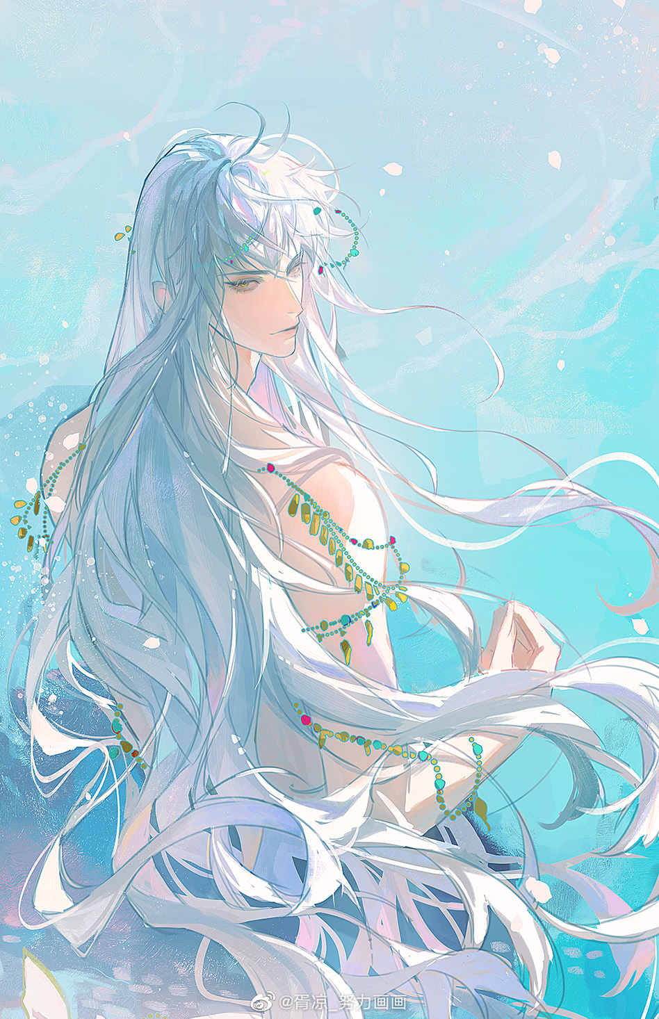 1boy, alternate_hairstyle, aqua_theme, highres, light_and_night_love, long_hair, looking_back, male_focus