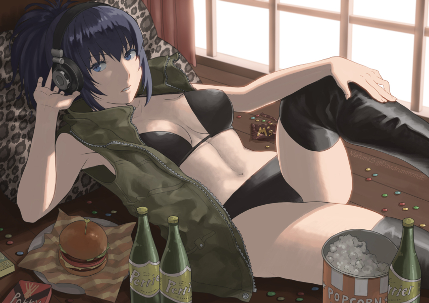 1girl, black_boots, black_bra, black_panties, blue_eyes, blue_hair, boots, bottle