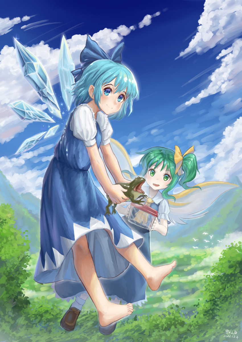 2girls, :d, absurdres, barefoot, blue_bow, blue_dress, blue_eyes, blue_hair, blue_sky, bow, cirno, cloud, daiyousei, dated, dress, frog, full_body, green_eyes, green_hair, guanchuan_zhi_jiao, hair_bow, highres, ice, ice_wings, looking_at_viewer, multiple_girls, open_mouth, outdoors, puffy_short_sleeves, puffy_sleeves, shirt, short_hair, short_sleeves, side_ponytail, signature, sky, smile, touhou, white_shirt, wings