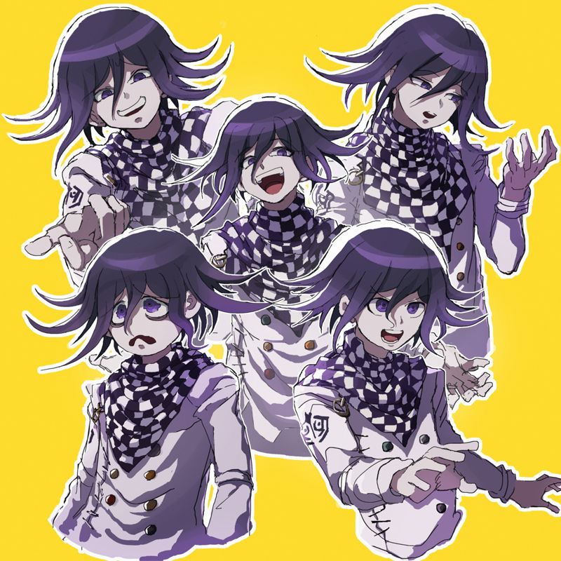 1boy, :d, :o, black_hair, buttons, checkered_clothes, checkered_scarf, cropped_torso