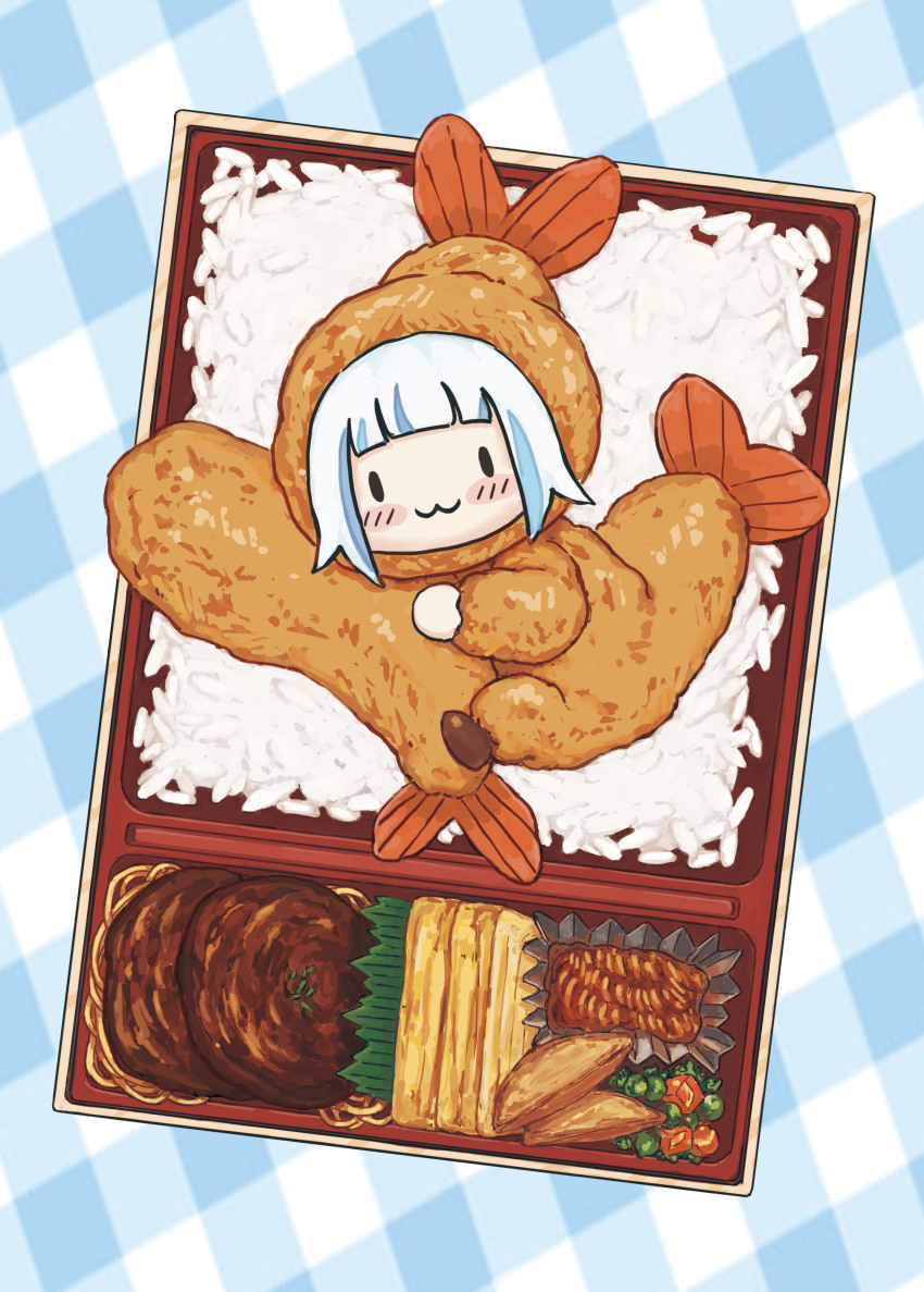 1girl, :3, absurdres, argyle_background, argyle_clothes, bento, blue_background, blue_hair